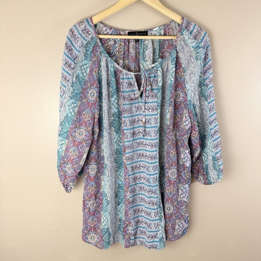 Fred David 2X Boho Paisley Blouse Cottagecore Grandma Core Flowy Top Plus